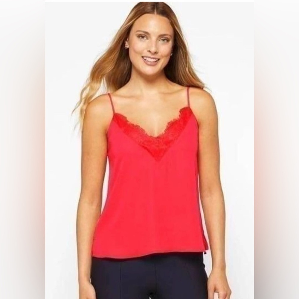 Socialite Lace Trim V Neck Camisole Blouse, Fiery Red Size M